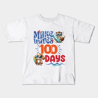 Make Waves 100 Days Surfer Animals 100th Day of School Kids T-Shirt